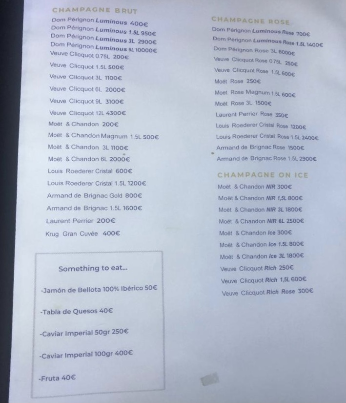 Oh My Club Menu bottle prices